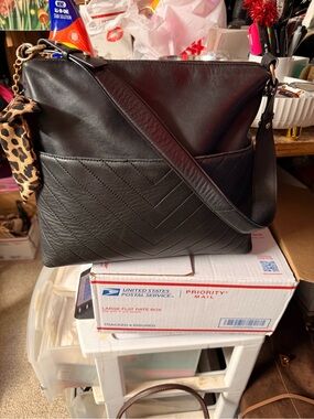 Karl Lagerfeld Black Quilted Crossbody with Leopard Accent Scarf